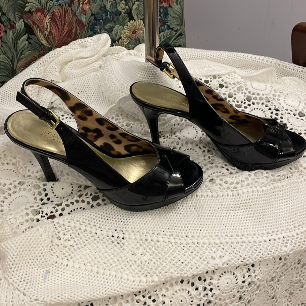 - Christian Suriano Black patent leather slingback 1/4 inch platform, 4” h…